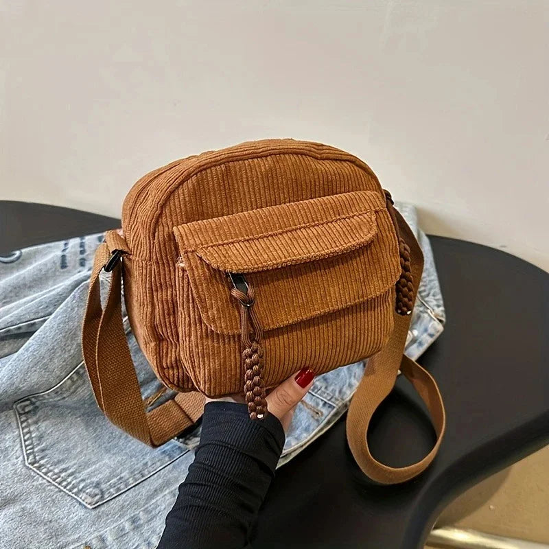 Vintage Corduroy Crossbody Bag Casual Multi-Pocket Shoulder Sling Messenger Bag for Women