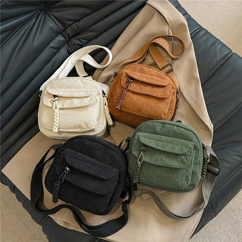 Vintage Corduroy Crossbody Bag Casual Multi-Pocket Shoulder Sling Messenger Bag for Women