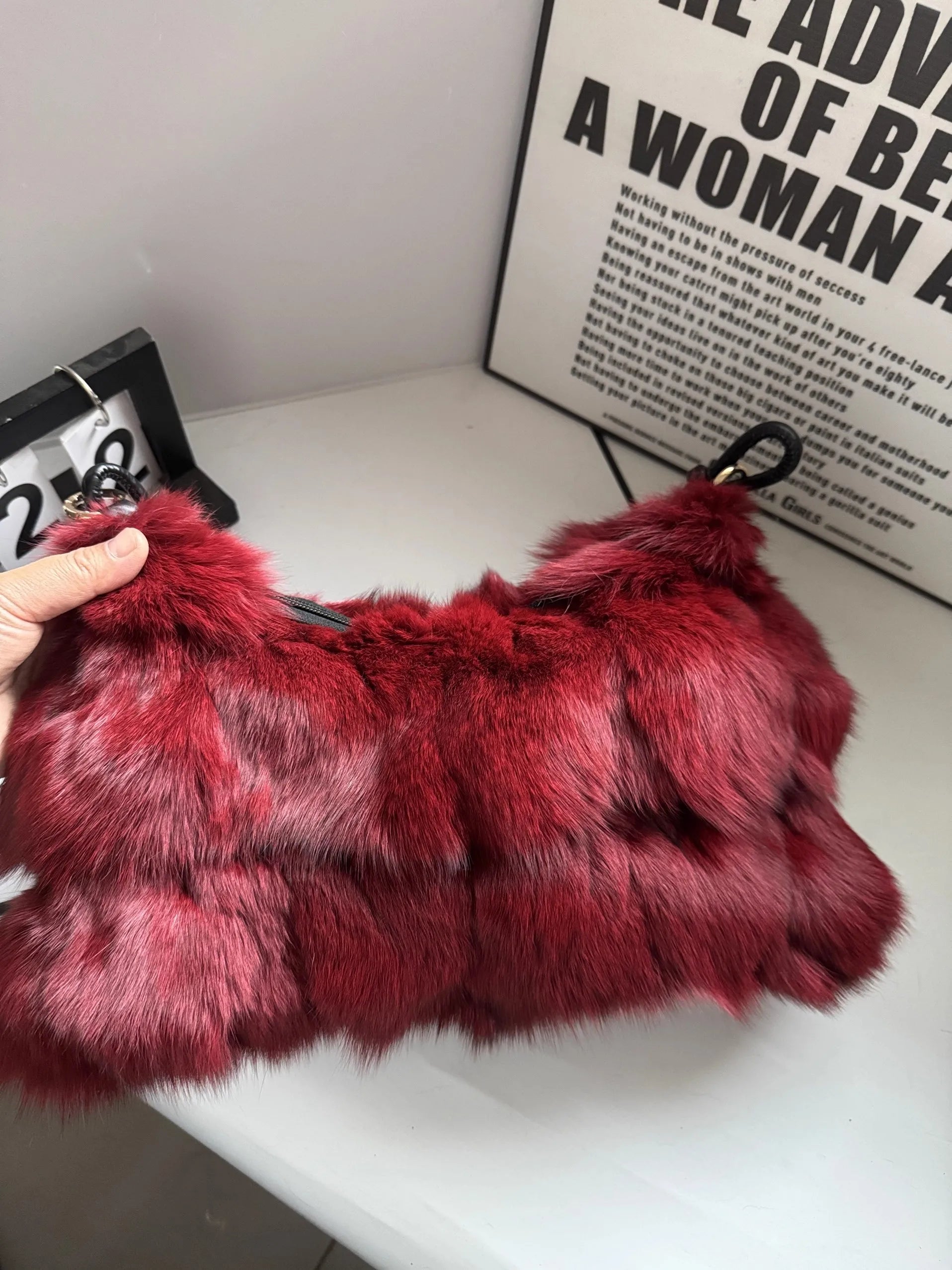 Luxury Faux Fur Color-Block Shoulder Bag – Plush Underarm Handbag with Sleek Leather Strap