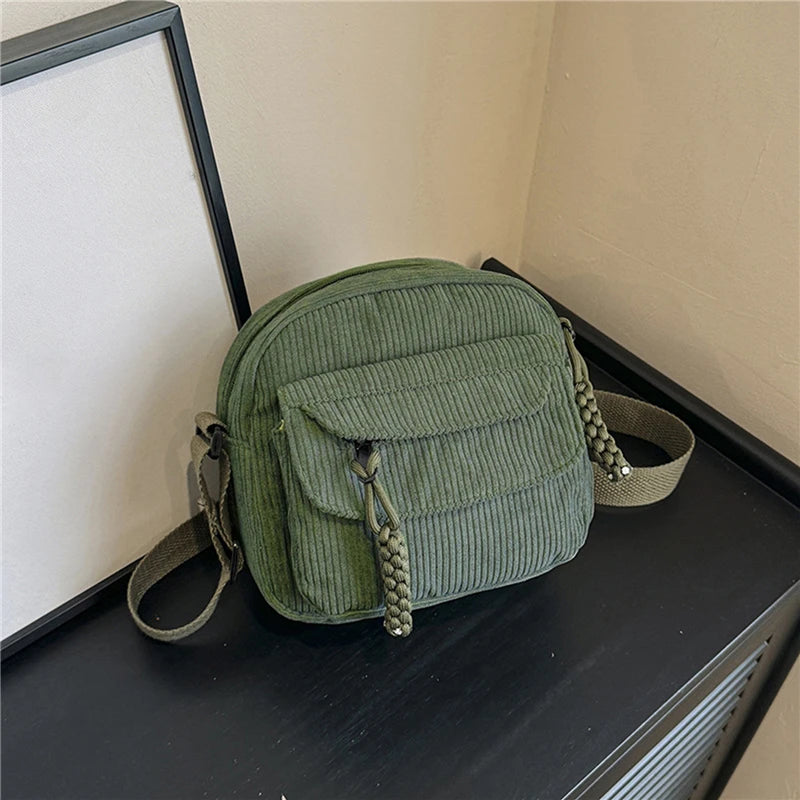 Vintage Corduroy Crossbody Bag Casual Multi-Pocket Shoulder Sling Messenger Bag for Women