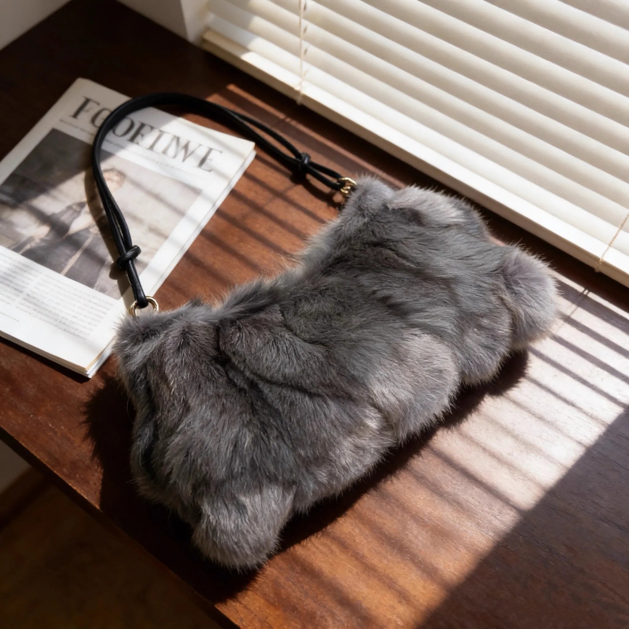 Luxury Faux Fur Color-Block Shoulder Bag – Plush Underarm Handbag with Sleek Leather Strap
