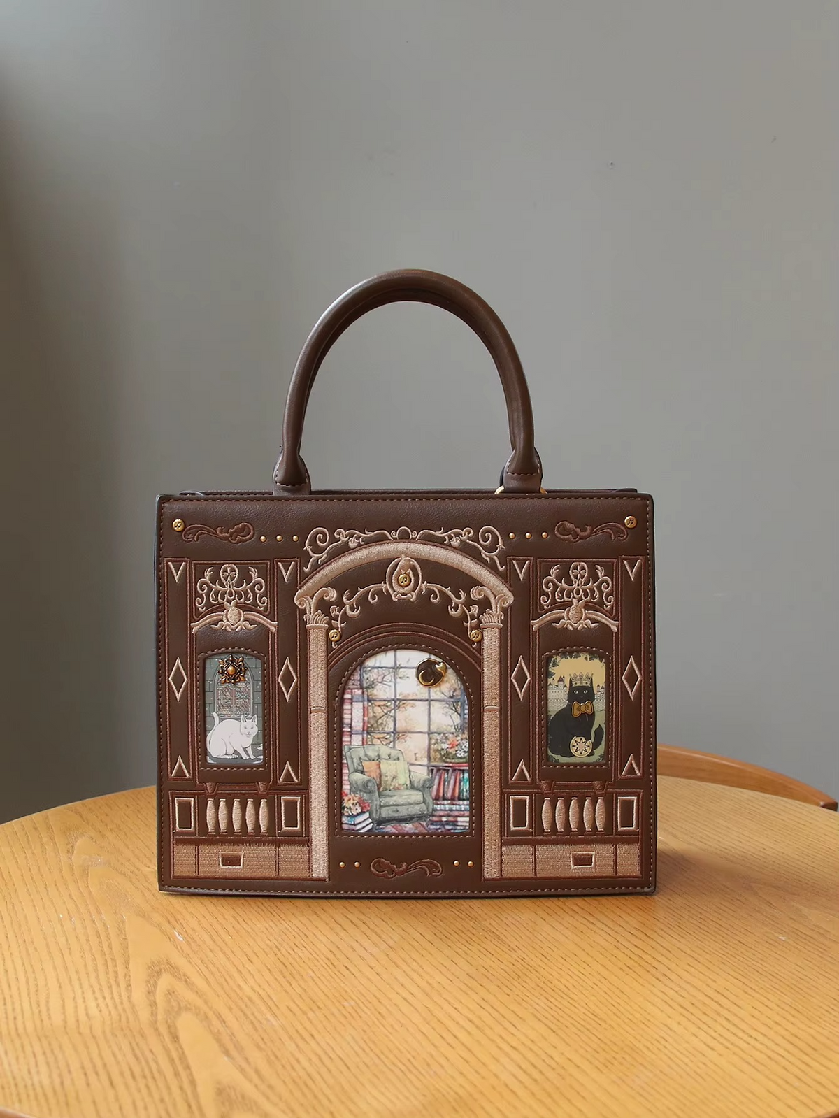 Vintage Baroque Library Top-Handle Satchel – Elegant Embossed Literary Cat Handbag