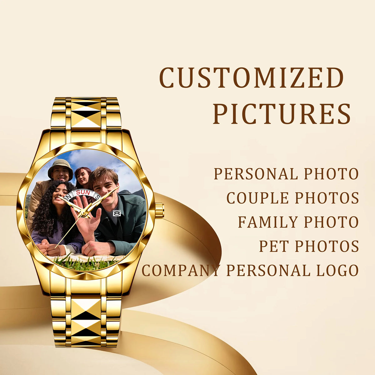 Customized Personalized Photo Calendar Watch for Men – Luxury Waterproof Stainless Steel Quartz Wristwatch with Day-Date Display