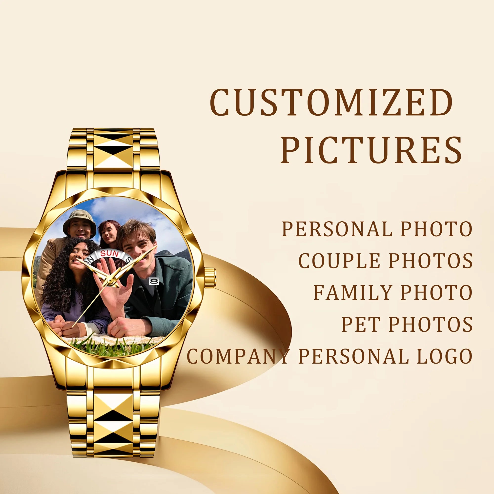 Customized Personalized Photo Calendar Watch for Men – Luxury Waterproof Stainless Steel Quartz Wristwatch with Day-Date Display