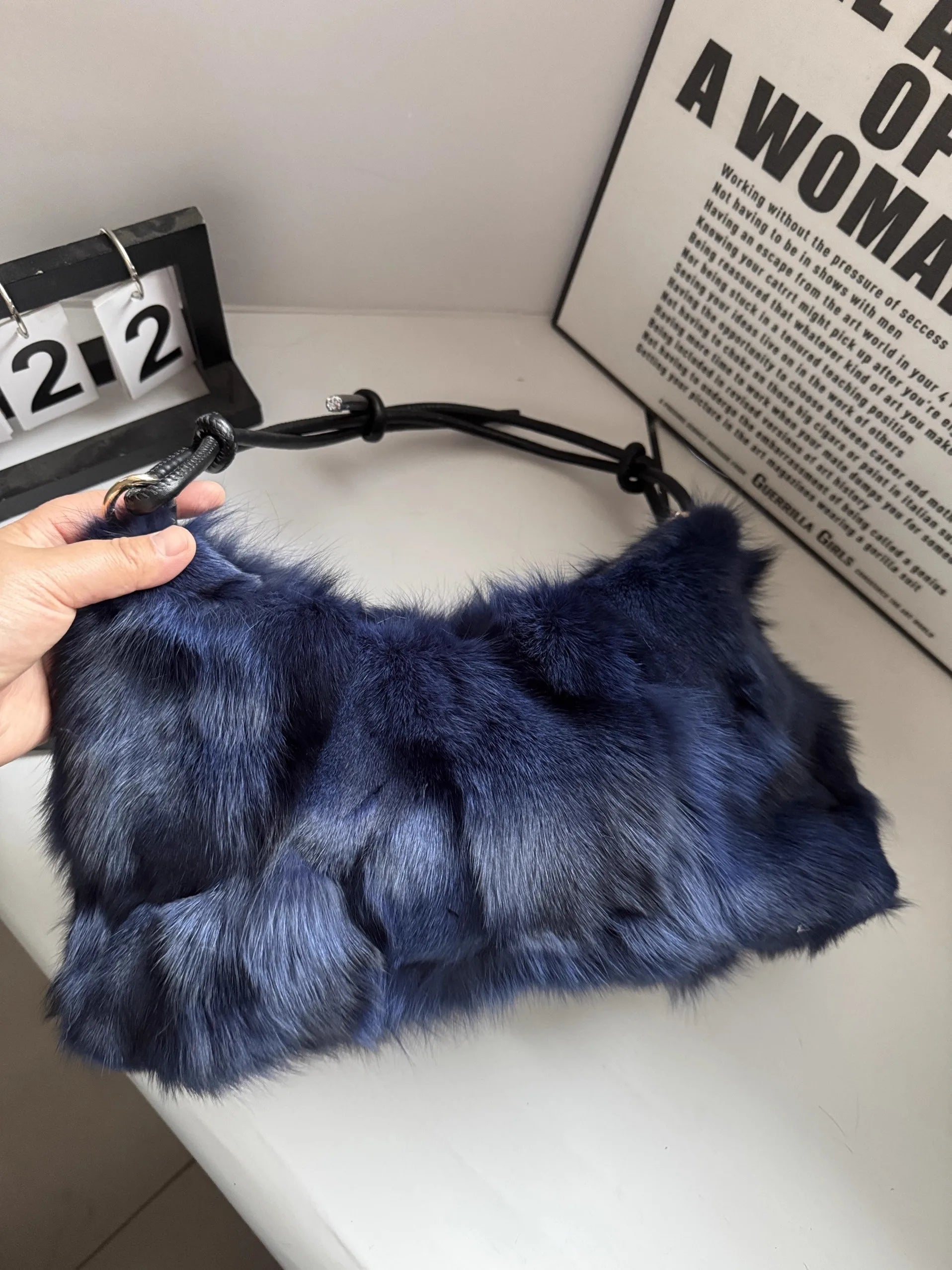 Luxury Faux Fur Color-Block Shoulder Bag – Plush Underarm Handbag with Sleek Leather Strap