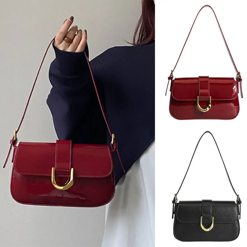 Elegant Wine Red Patent Leather Shoulder Bag – Vintage Glossy Baguette Handbag with Gold Hardware