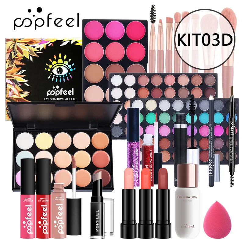POPFEEEL All-In-One Professional Makeup Kit with Glitter Travel Case – Complete 35+ Piece Cosmetics & Brush Set for Beginners and Pros (KIT014)