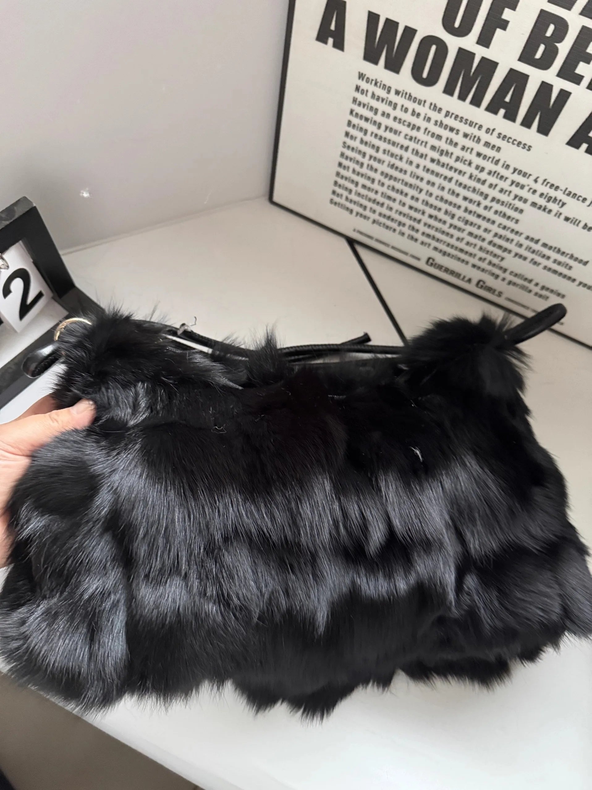 Luxury Faux Fur Color-Block Shoulder Bag – Plush Underarm Handbag with Sleek Leather Strap