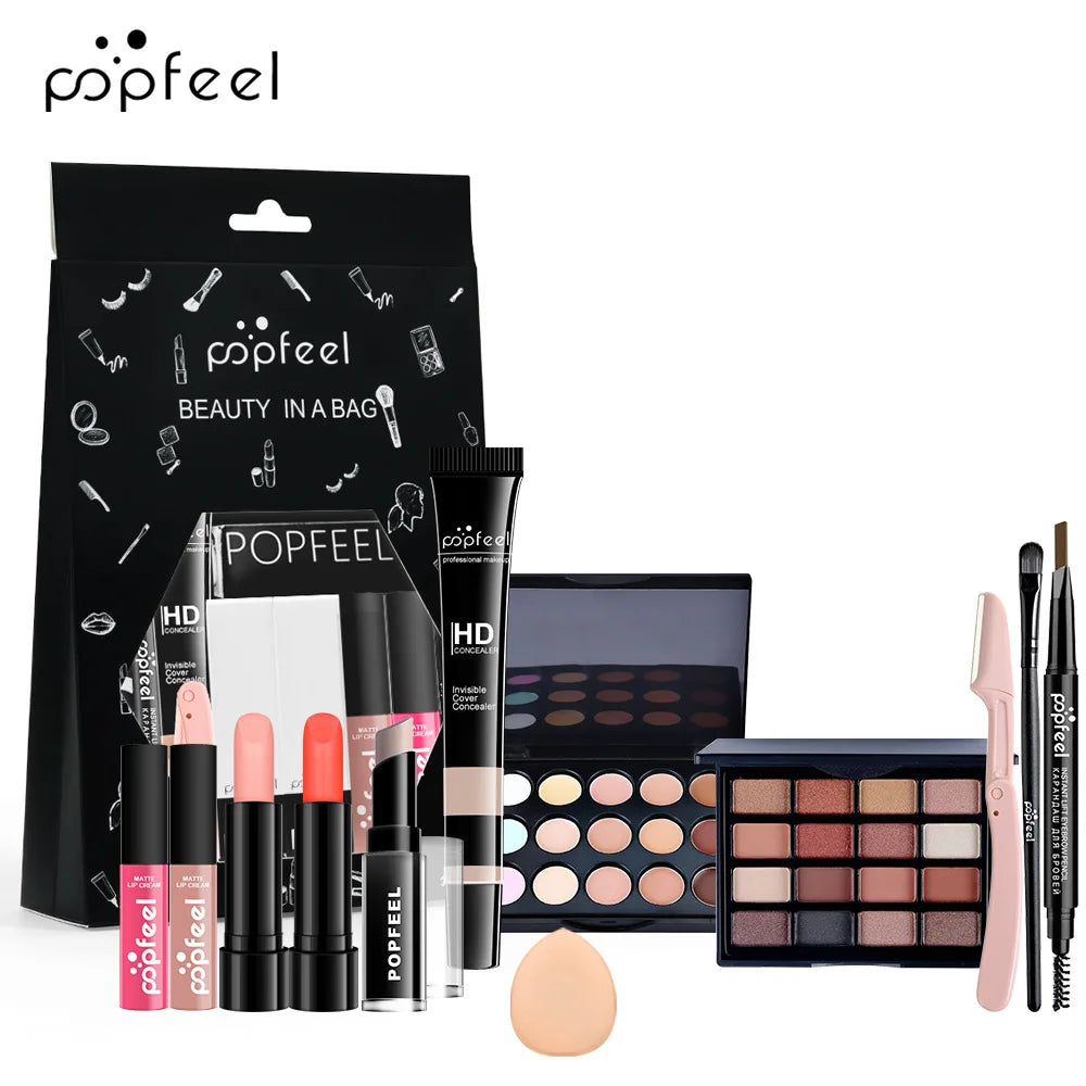 POPFEEEL All-In-One Professional Makeup Kit with Glitter Travel Case – Complete 35+ Piece Cosmetics & Brush Set for Beginners and Pros (KIT014)