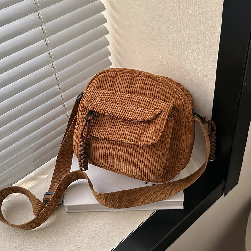 Vintage Corduroy Crossbody Bag Casual Multi-Pocket Shoulder Sling Messenger Bag for Women