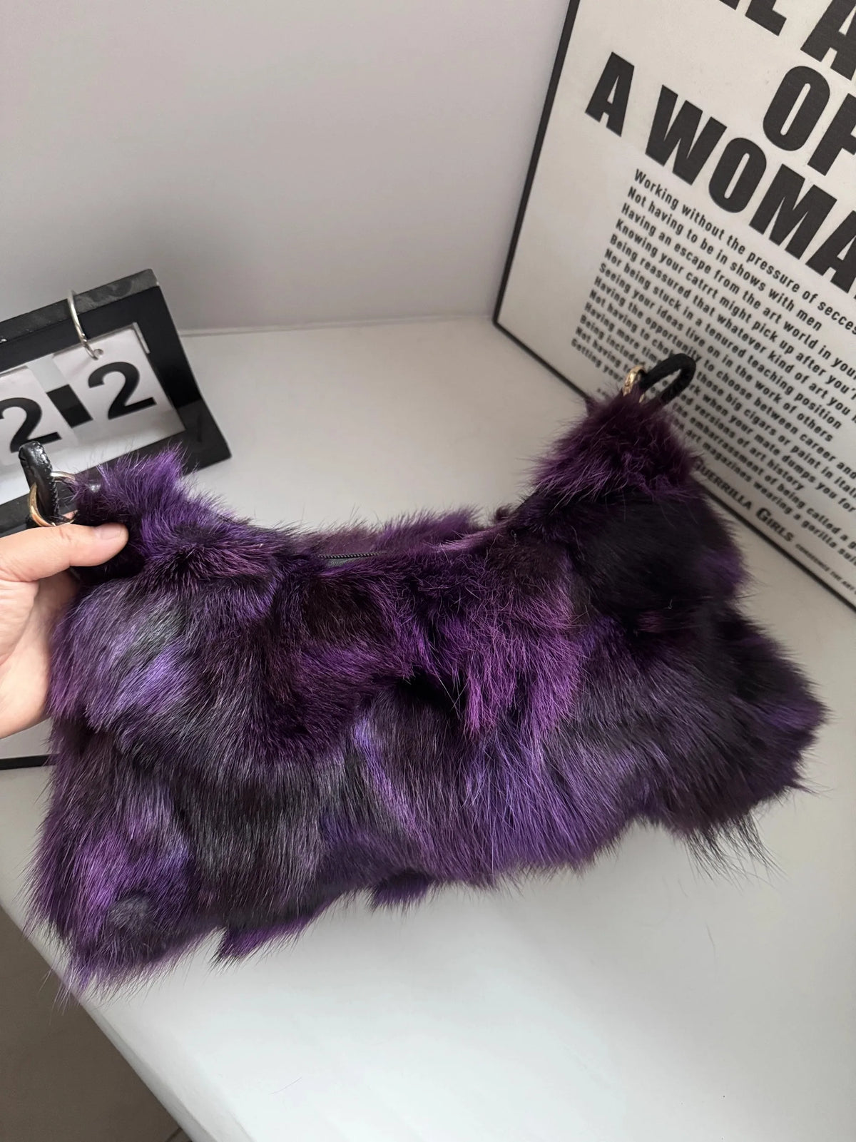 Luxury Faux Fur Color-Block Shoulder Bag – Plush Underarm Handbag with Sleek Leather Strap