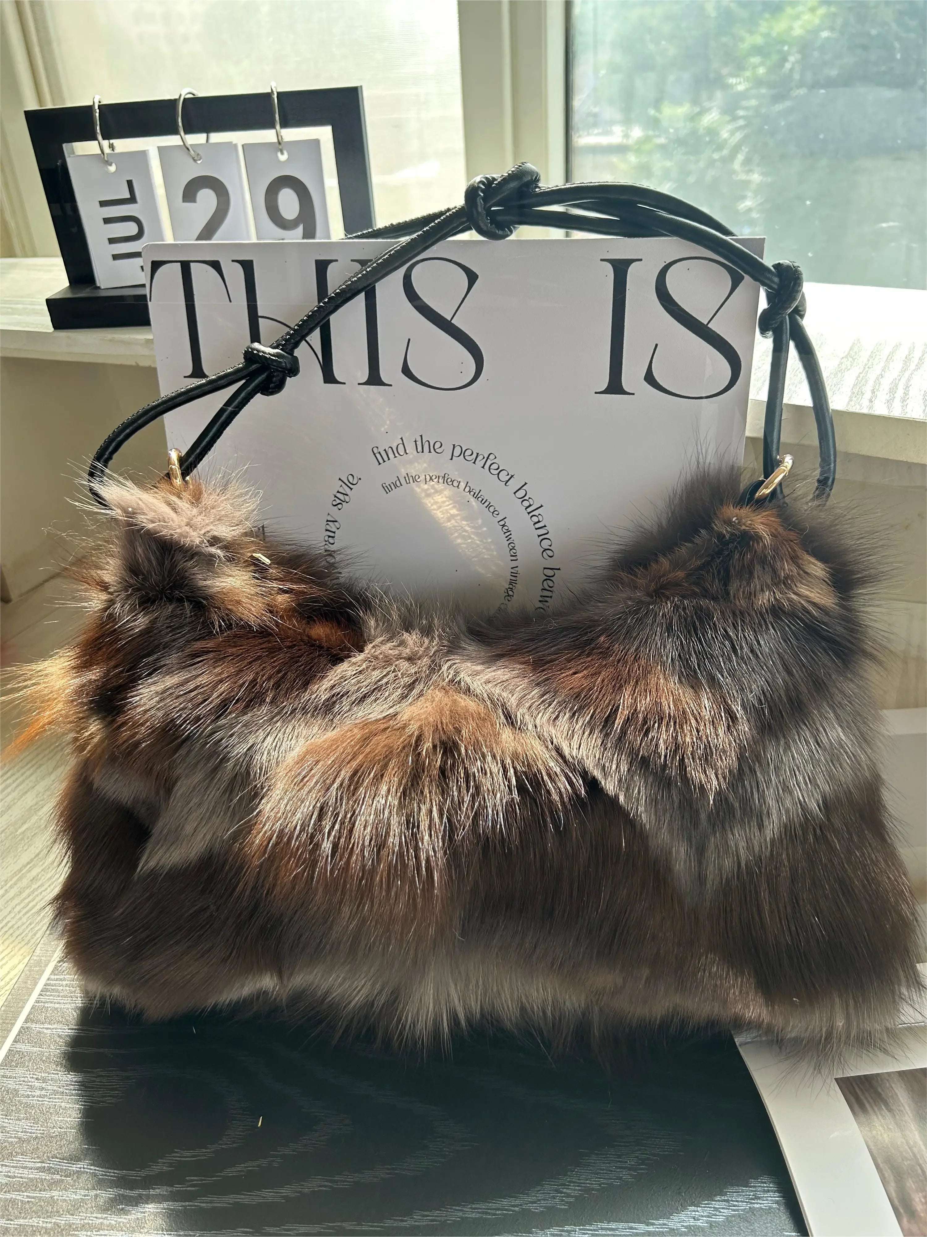 Luxury Faux Fur Color-Block Shoulder Bag – Plush Underarm Handbag with Sleek Leather Strap