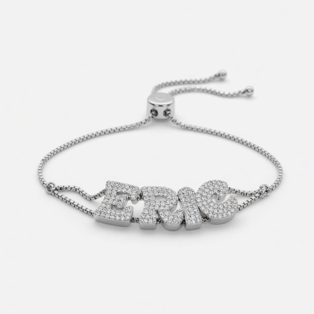 Custom Ice Out Nameplate Bolo Bracelet – Personalized Crystal Iced Name Bracelet for Women