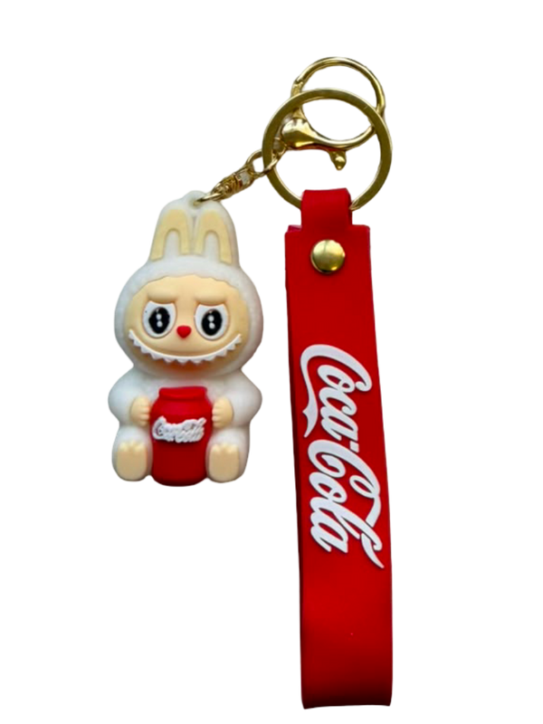 Cute Character Holding Cola Drink Silicone Keychain with Red Wristlet Strap