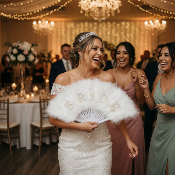 Elegant White Faux Feather Bridal Folding Fan with Pearl Rhinestone "BRIDE" Lettering