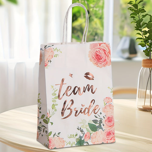 12-Pack Team Bride Hen Party Gift Bags – Elegant Floral Bridal Rose Gold Foil Party Favor Bags – close-up detail