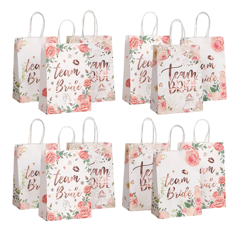 12-Pack Team Bride Hen Party Gift Bags – Elegant Floral Bridal Rose Gold Foil Party Favor Bags