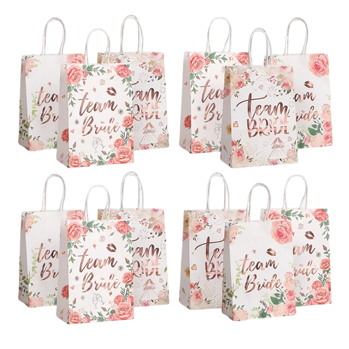 12-Pack Team Bride Hen Party Gift Bags – Elegant Floral Bridal Rose Gold Foil Party Favor Bags – front view