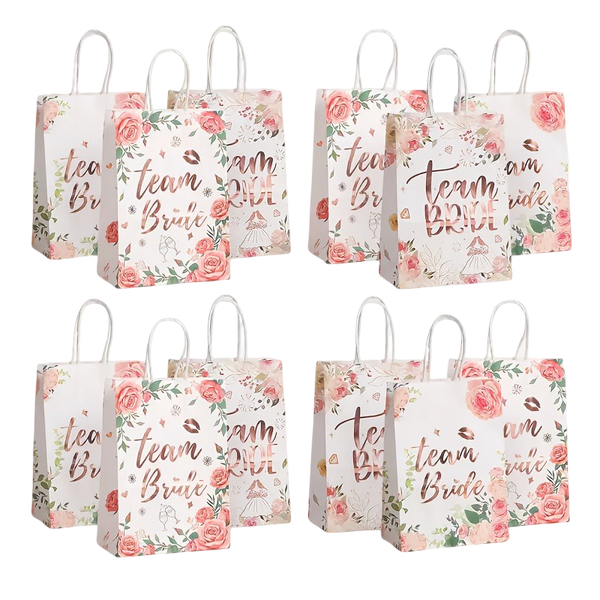 12-Pack Team Bride Hen Party Gift Bags – Elegant Floral Bridal Rose Gold Foil Party Favor Bags