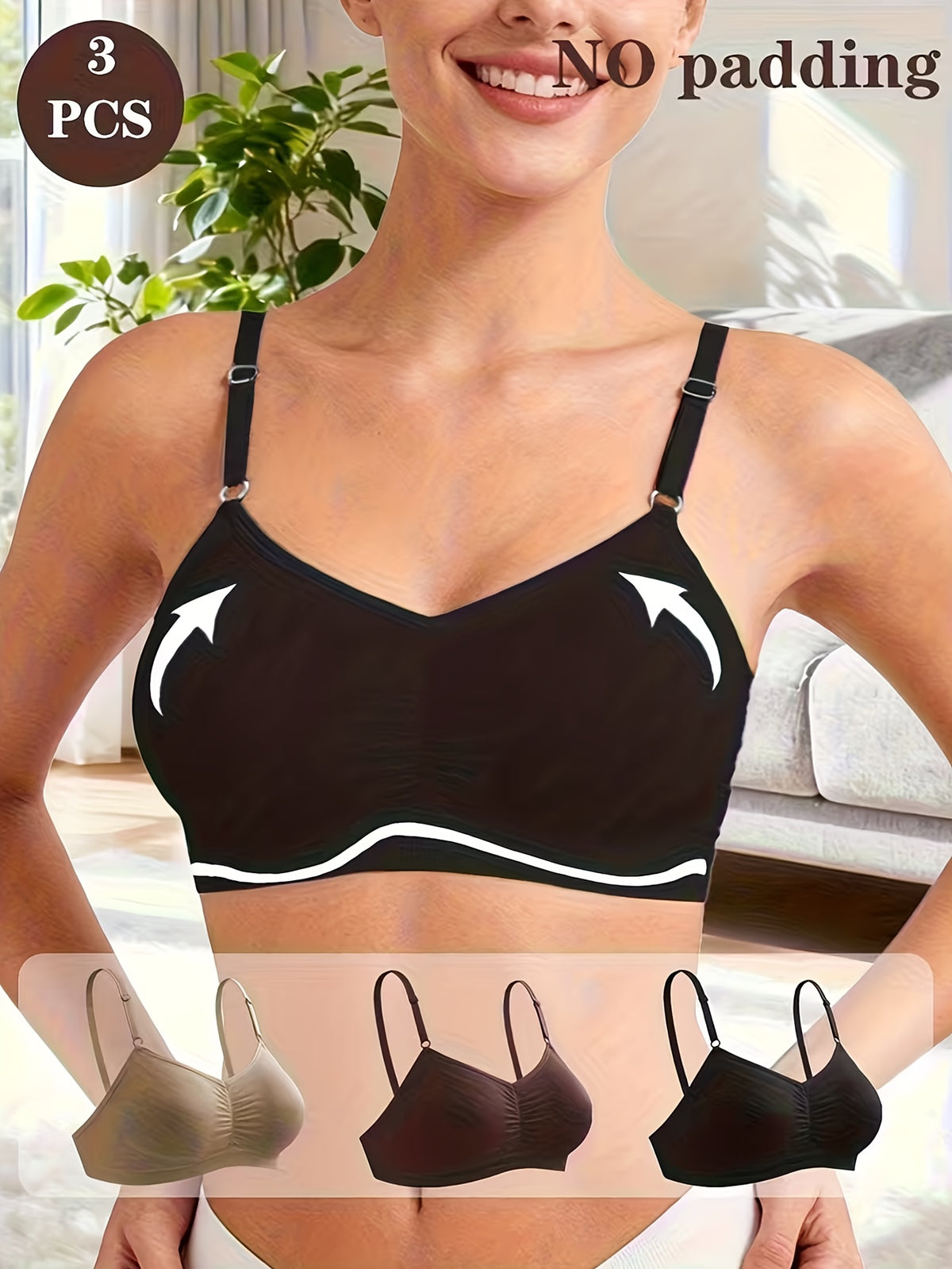 3-Pack Everyday Wireless Contour Bra Set Seamless Ruched Comfort Bralette