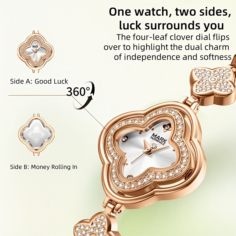 Mark Fairwhale Luxury Four-Leaf Clover Luxury Women's Bracelet Watch – Diamond Bezel Quartz Timepiece