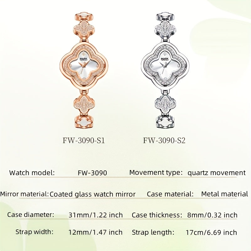 Mark Fairwhale Luxury Four-Leaf Clover Luxury Women's Bracelet Watch – Diamond Bezel Quartz Timepiece