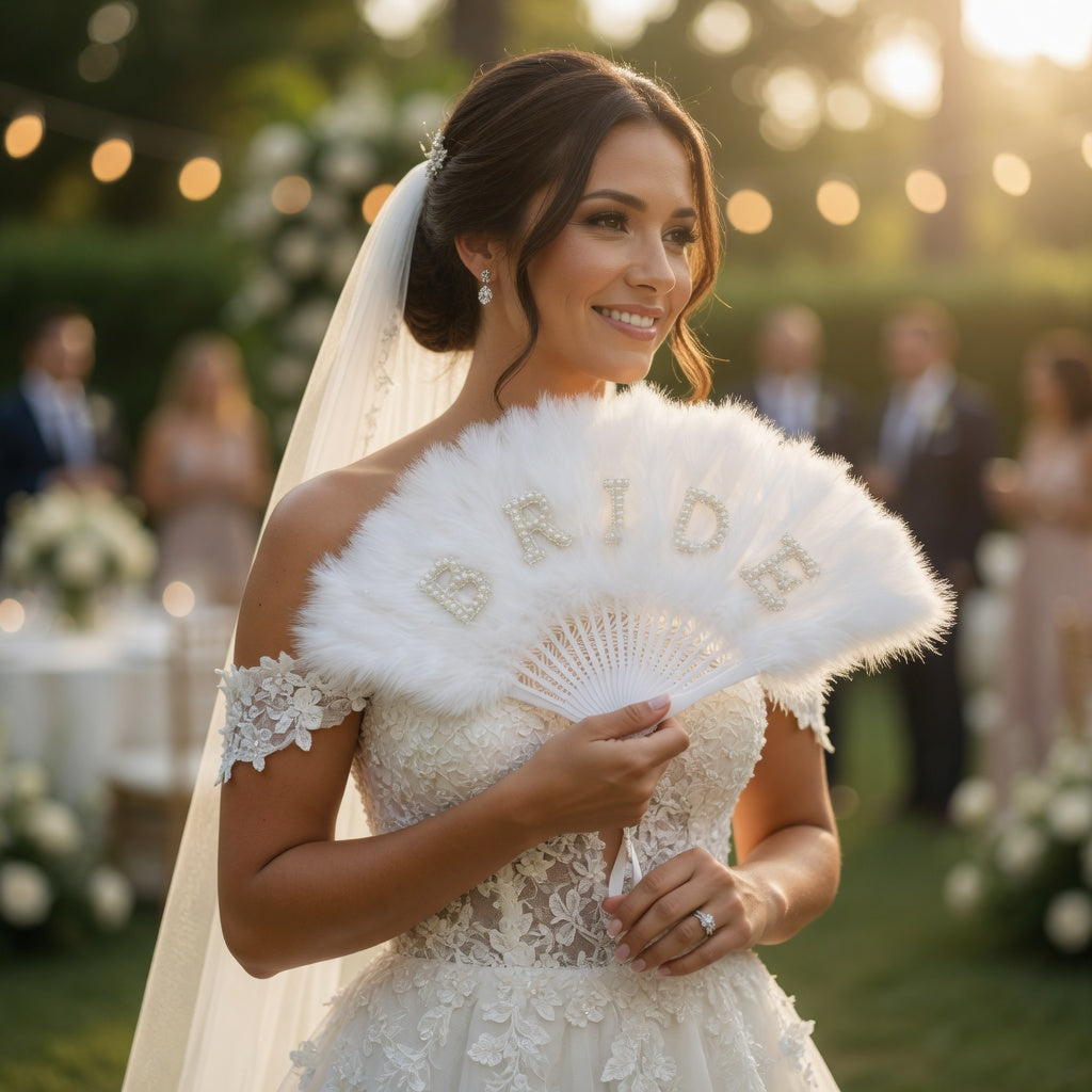 Elegant White Faux Feather Bridal Folding Fan with Pearl Rhinestone "BRIDE" Lettering