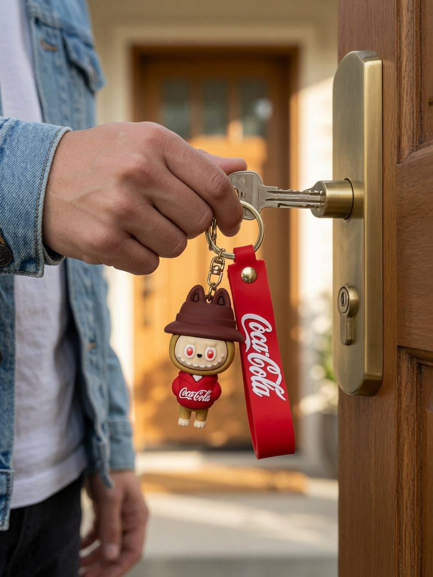 Collectible 3D Coca-Cola Anime Figure Keychain with Wrist Strap