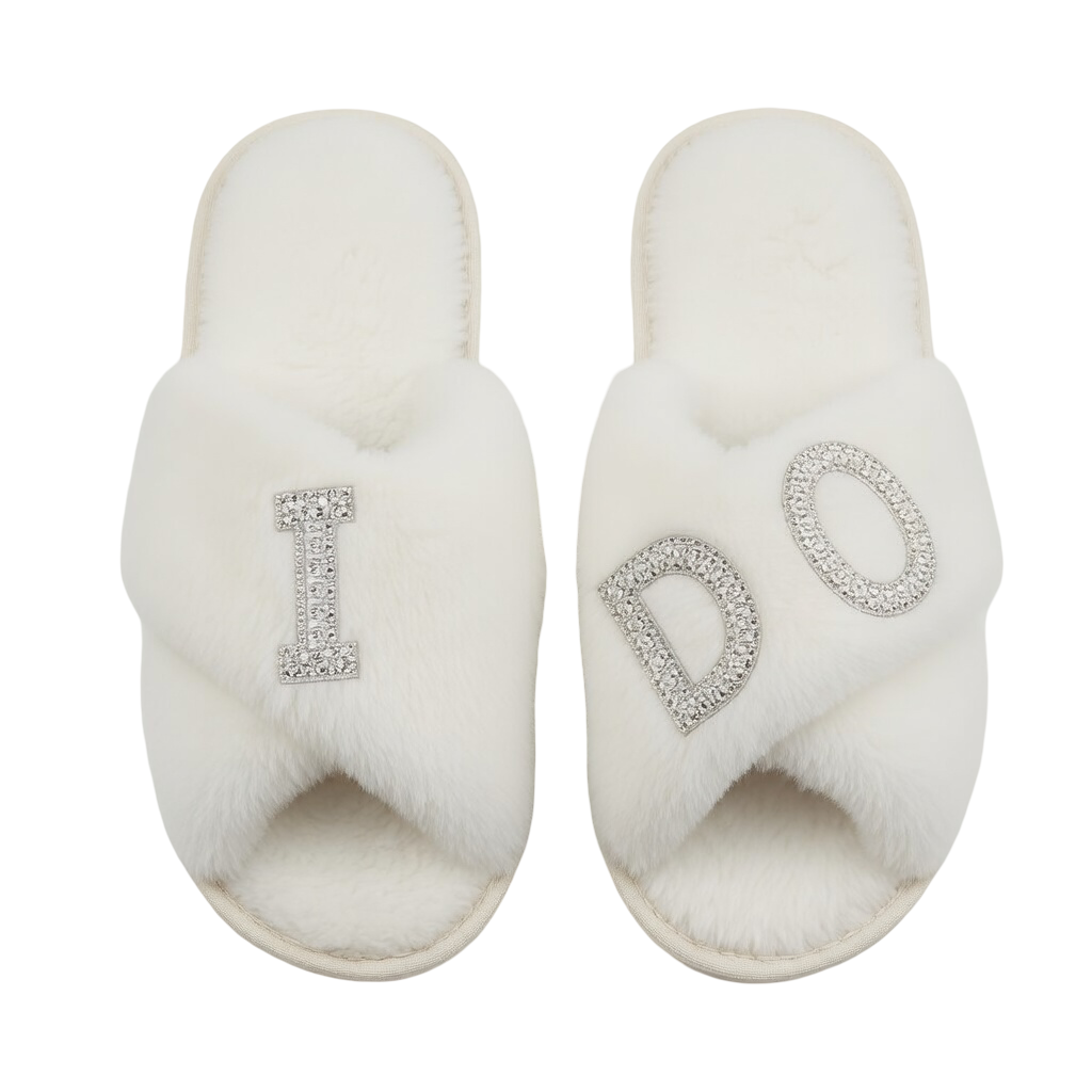 Luxury "I DO" Rhinestone Bridal Slippers Plush Faux Fur Cross-Band House Slides
