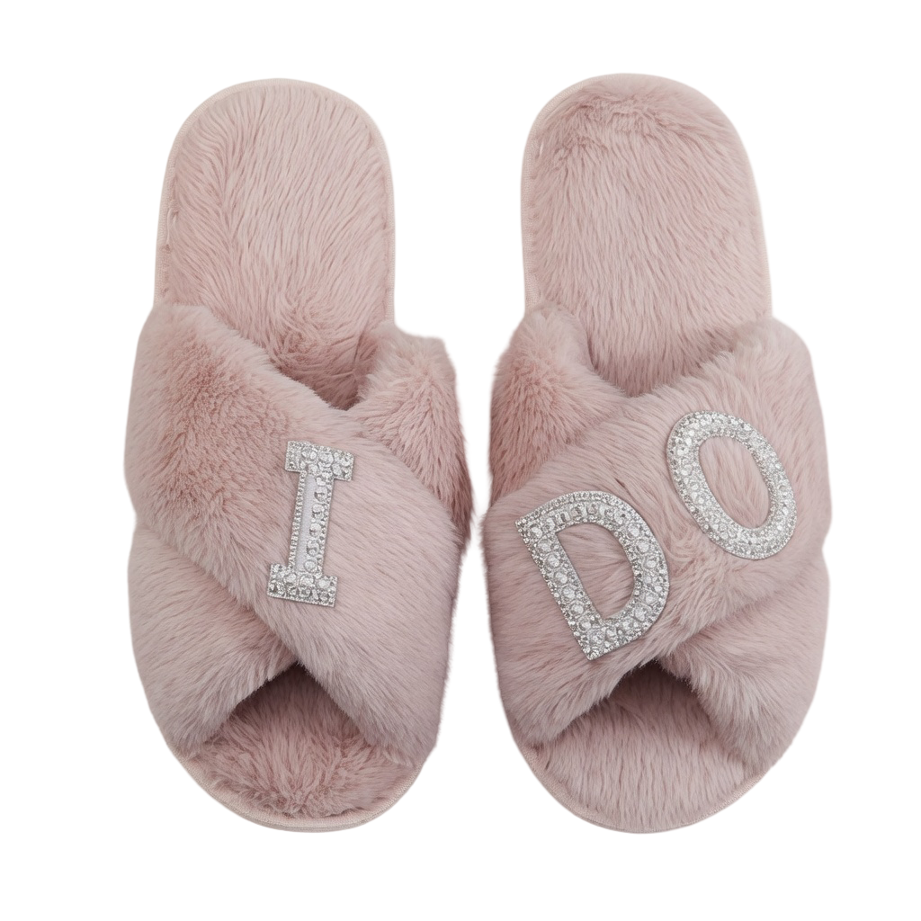 Luxury "I DO" Rhinestone Bridal Slippers Plush Faux Fur Cross-Band House Slides