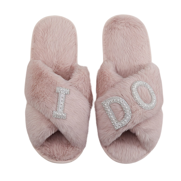 Luxury "I DO" Rhinestone Bridal Slippers Plush Faux Fur Cross-Band House Slides