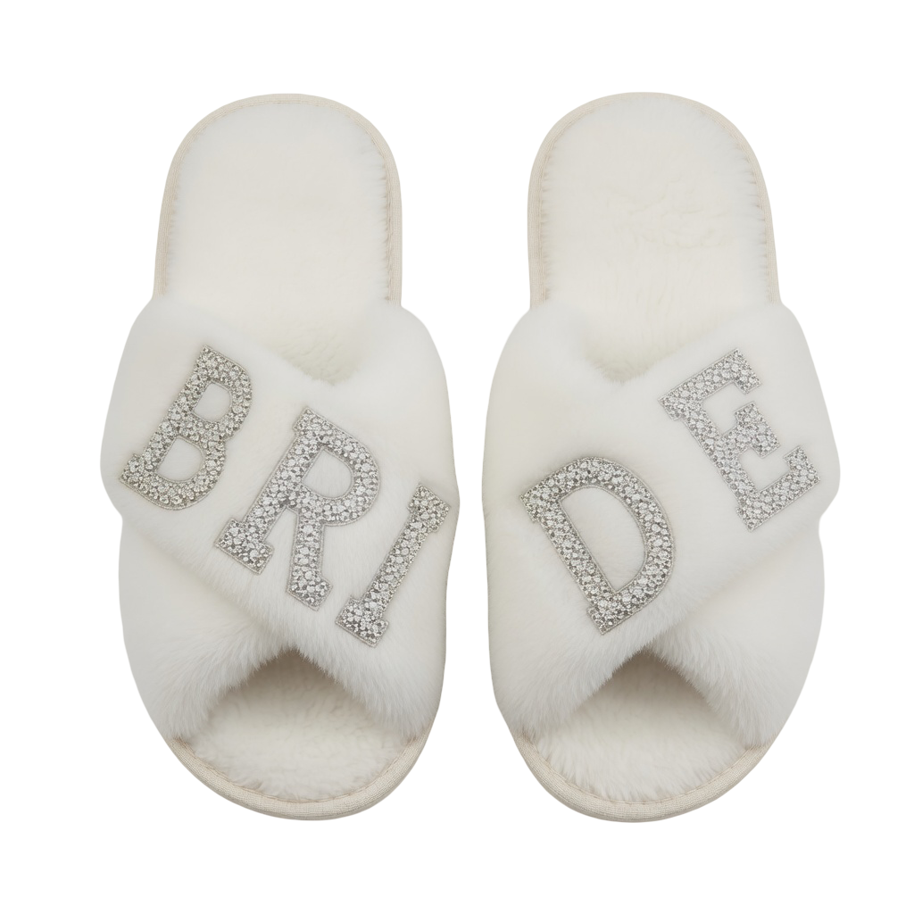 Luxury Faux Fur Bridal Slippers with Rhinestone Detailing