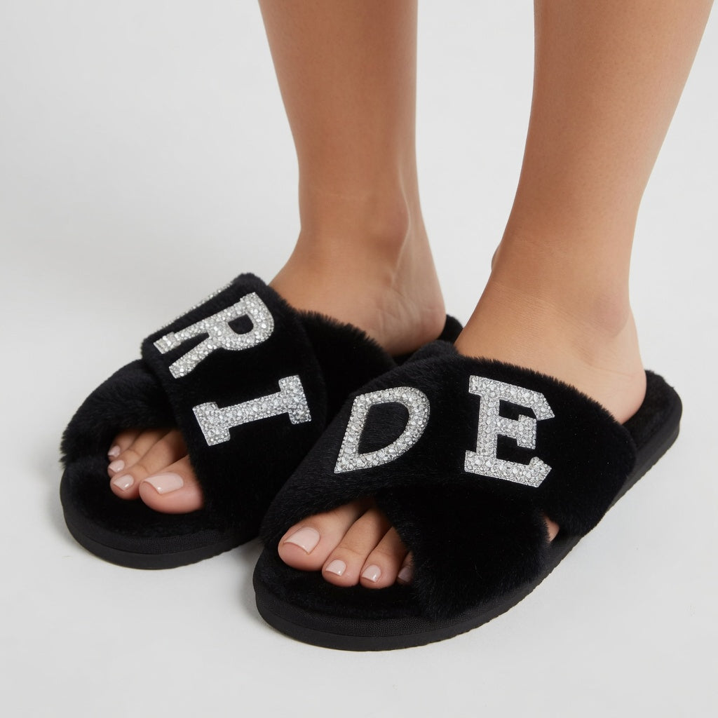 Luxury Faux Fur Bridal Slippers with Rhinestone Detailing
