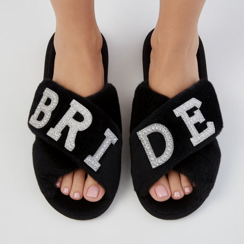 Luxury Faux Fur Bridal Slippers with Rhinestone Detailing