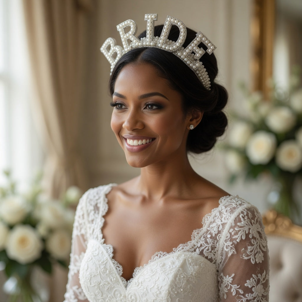 Pearl & Rhinestone "BRIDE" Tiara Headband – Sparkling Bridal Crown Headpiece