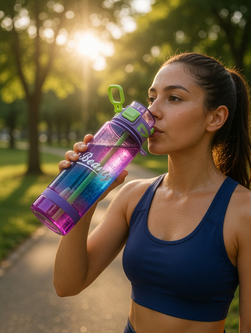 Gradient Motivational Water Bottle with Straw & Volume Markers