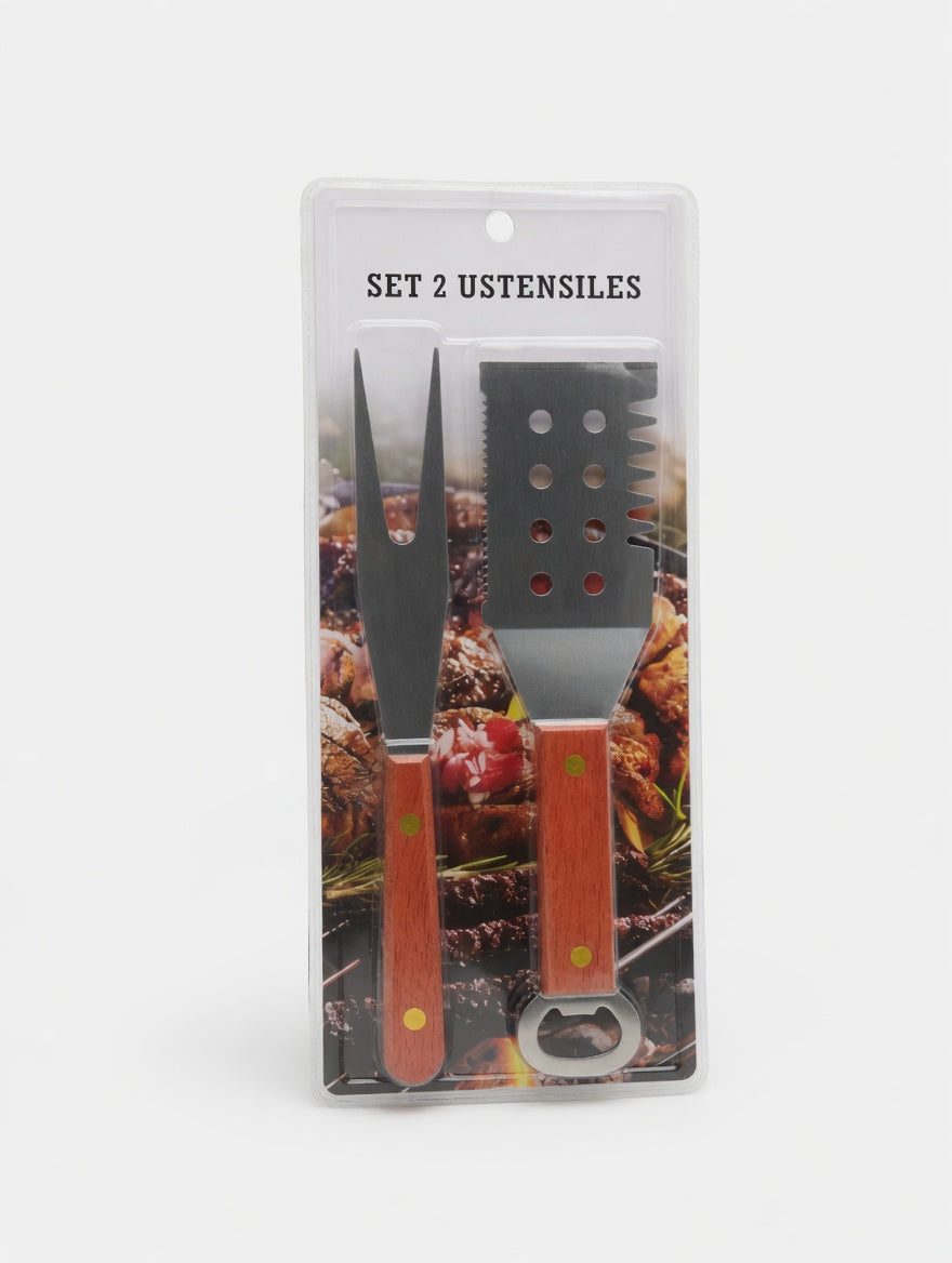Premium 2-Piece Stainless Steel BBQ Grill Utensil Set with Wooden Handles