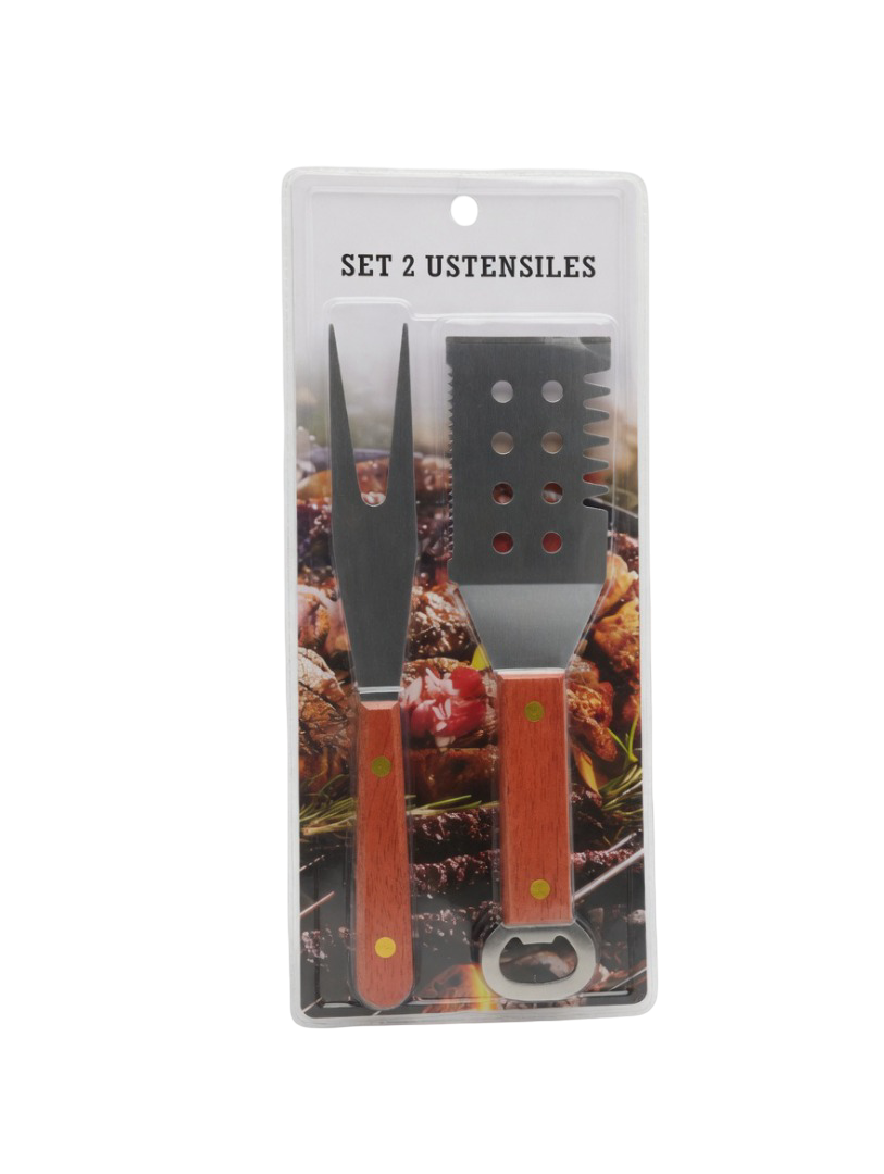 Premium 2-Piece Stainless Steel BBQ Grill Utensil Set with Wooden Handles