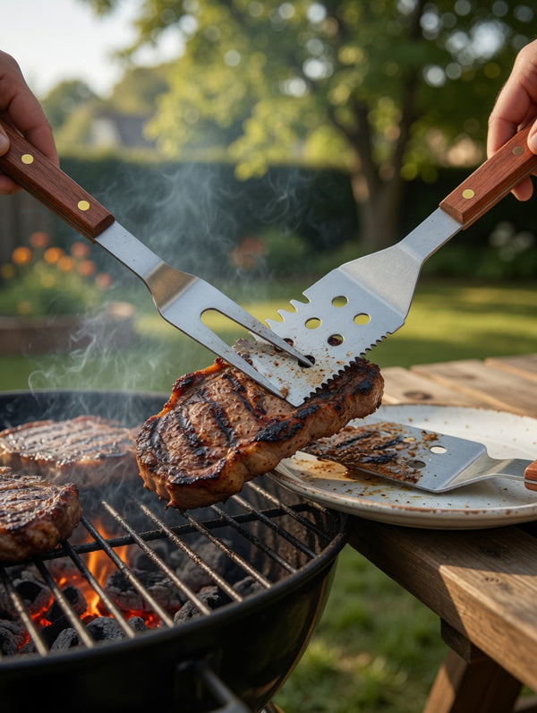 Premium 2-Piece Stainless Steel BBQ Grill Utensil Set with Wooden Handles