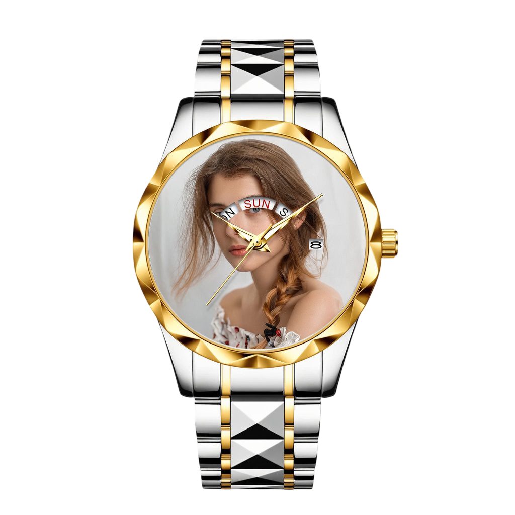 Luxury Two-Tone Stainless Steel Women's Quartz Watch – Custom Photo Dial with Day/Date Display