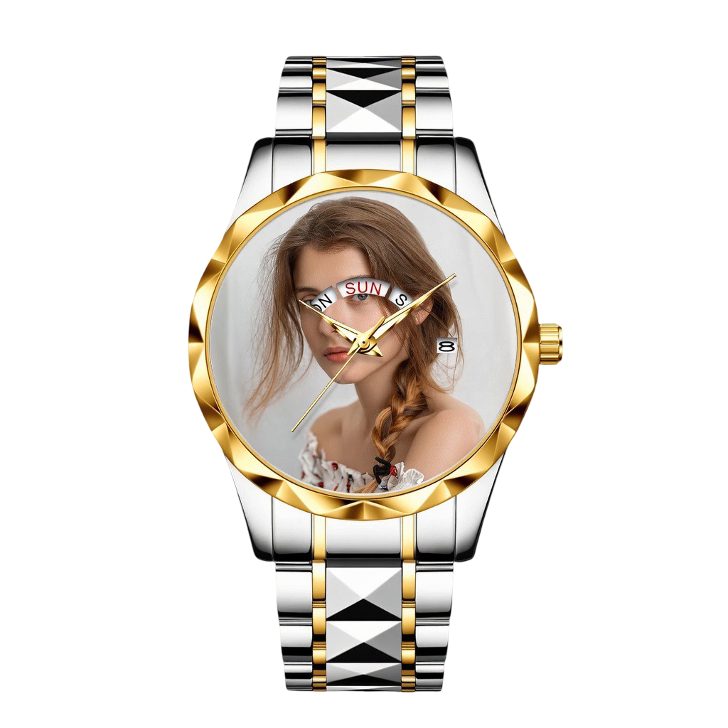 Luxury Two-Tone Stainless Steel Women's Quartz Watch – Custom Photo Dial with Day/Date Display