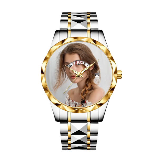 Luxury Two-Tone Stainless Steel Women's Quartz Watch – Custom Photo Dial with Day/Date Display