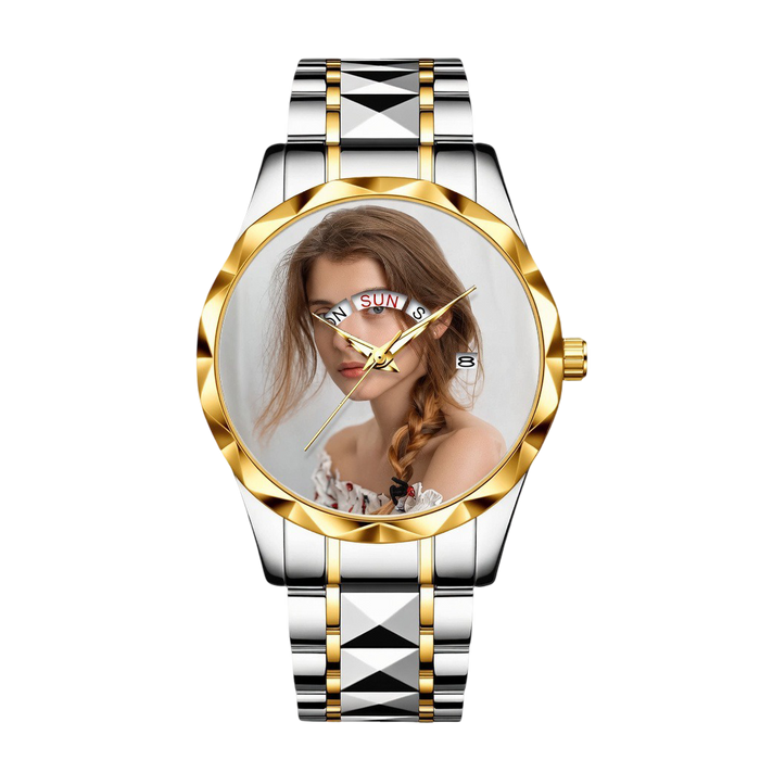 Luxury Two-Tone Stainless Steel Women's Quartz Watch – Custom Photo Dial with Day/Date Display