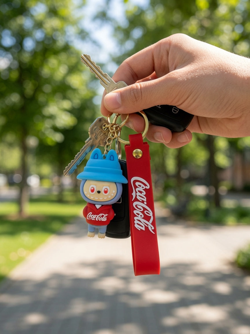 Cute 3D Mascot Silicone Keychain with Coca-Cola Wristlet Strap