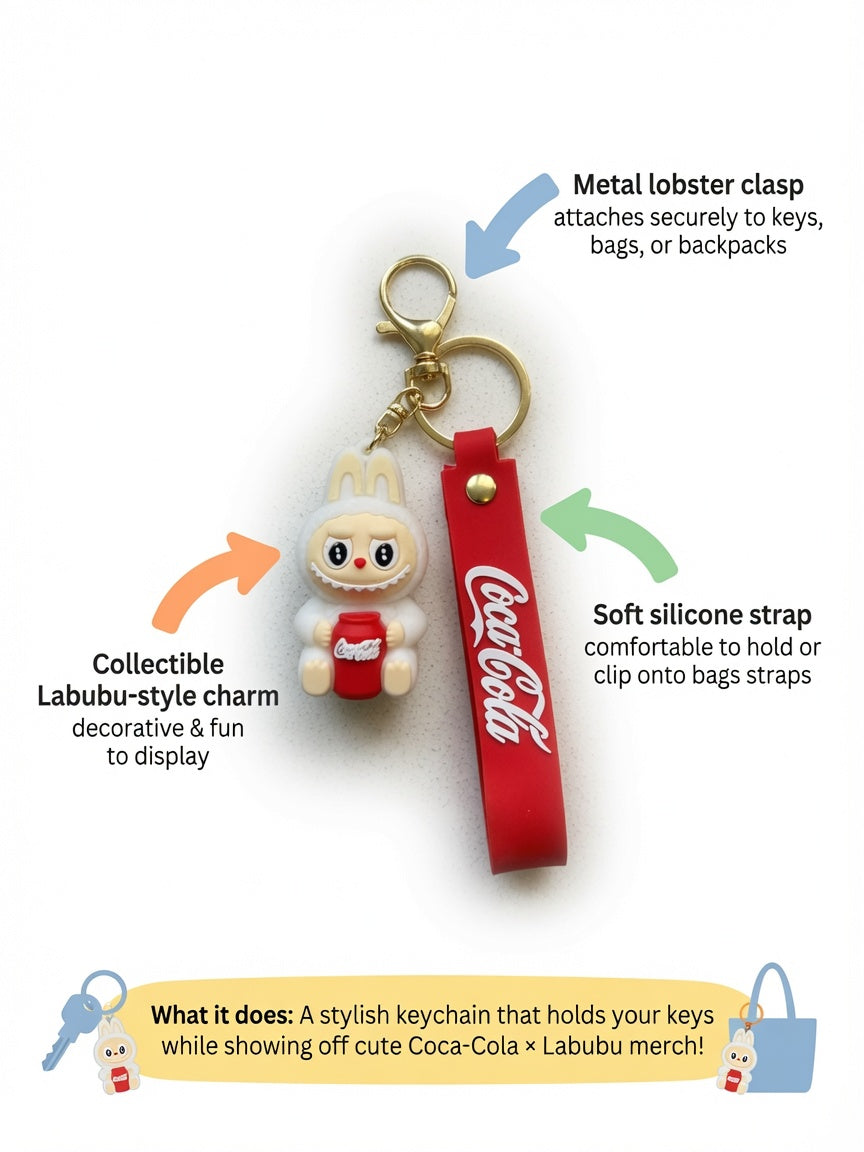 Cute Character Holding Cola Drink Silicone Keychain with Red Wristlet Strap