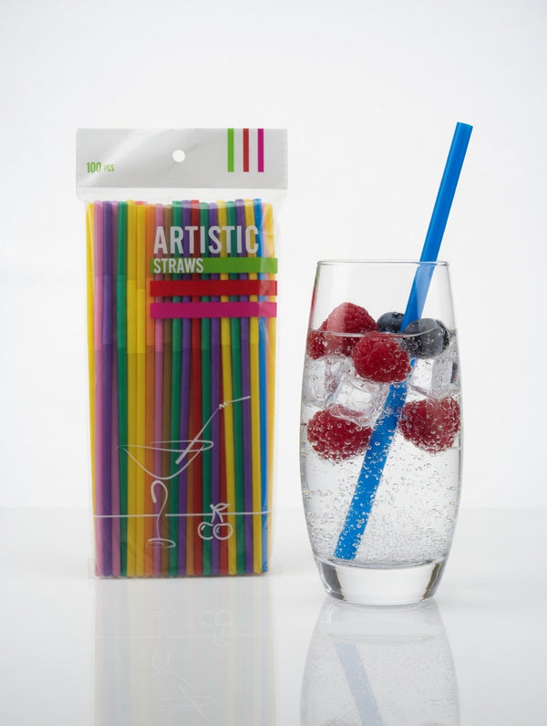 100-Piece Multicolored Flexible Plastic Artistic Straws Set
