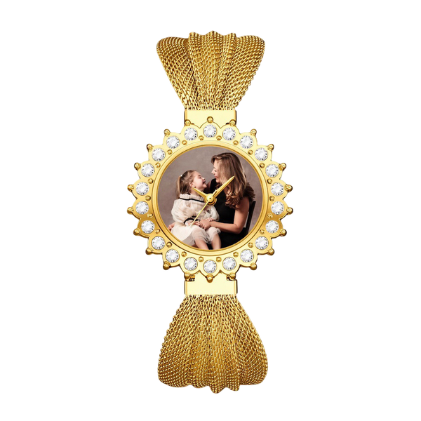 Personalized Photo Gold Women's Watch | Custom Picture Dial with Crystal Bezel & Mesh Band