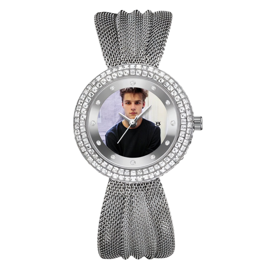 Personalized Diamond-Bezel Mesh Strap Women's Watch – Custom Photo Dial