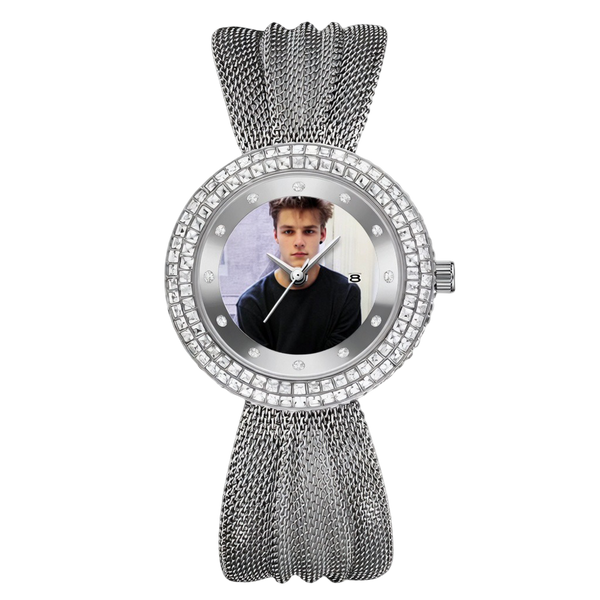 Personalized Diamond-Bezel Mesh Strap Women's Watch – Custom Photo Dial